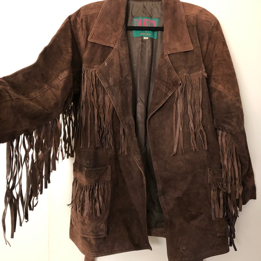Vintage brown suede fringe jacket w belt